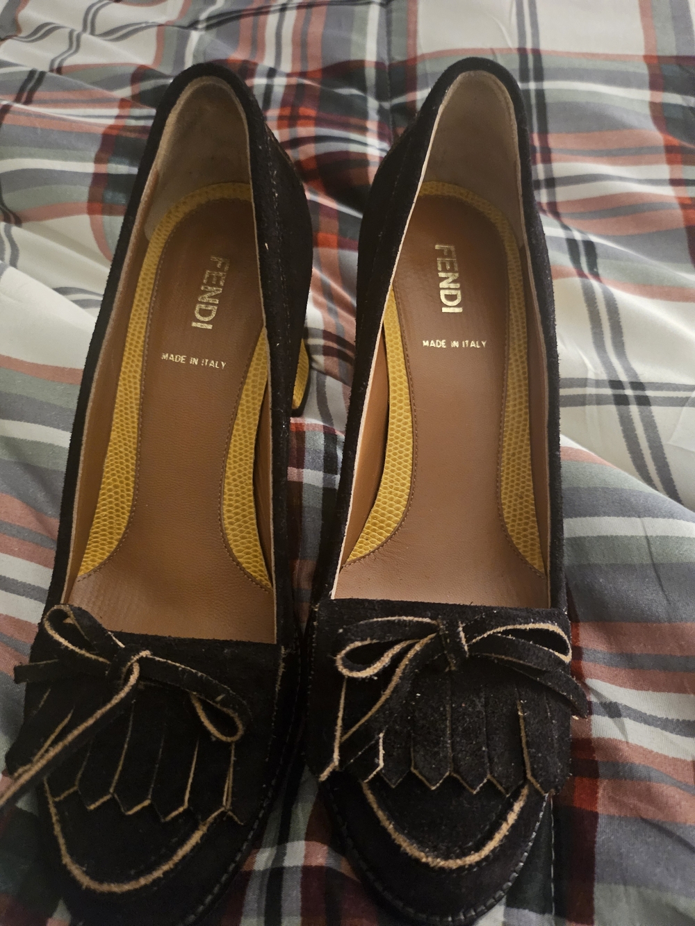 Fendi Black Suede Fringe Loafers with Tan Trim